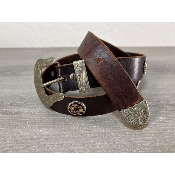 Western Wage German Silver Buckle Men's Brown Leather Belt Ornate Floral 40